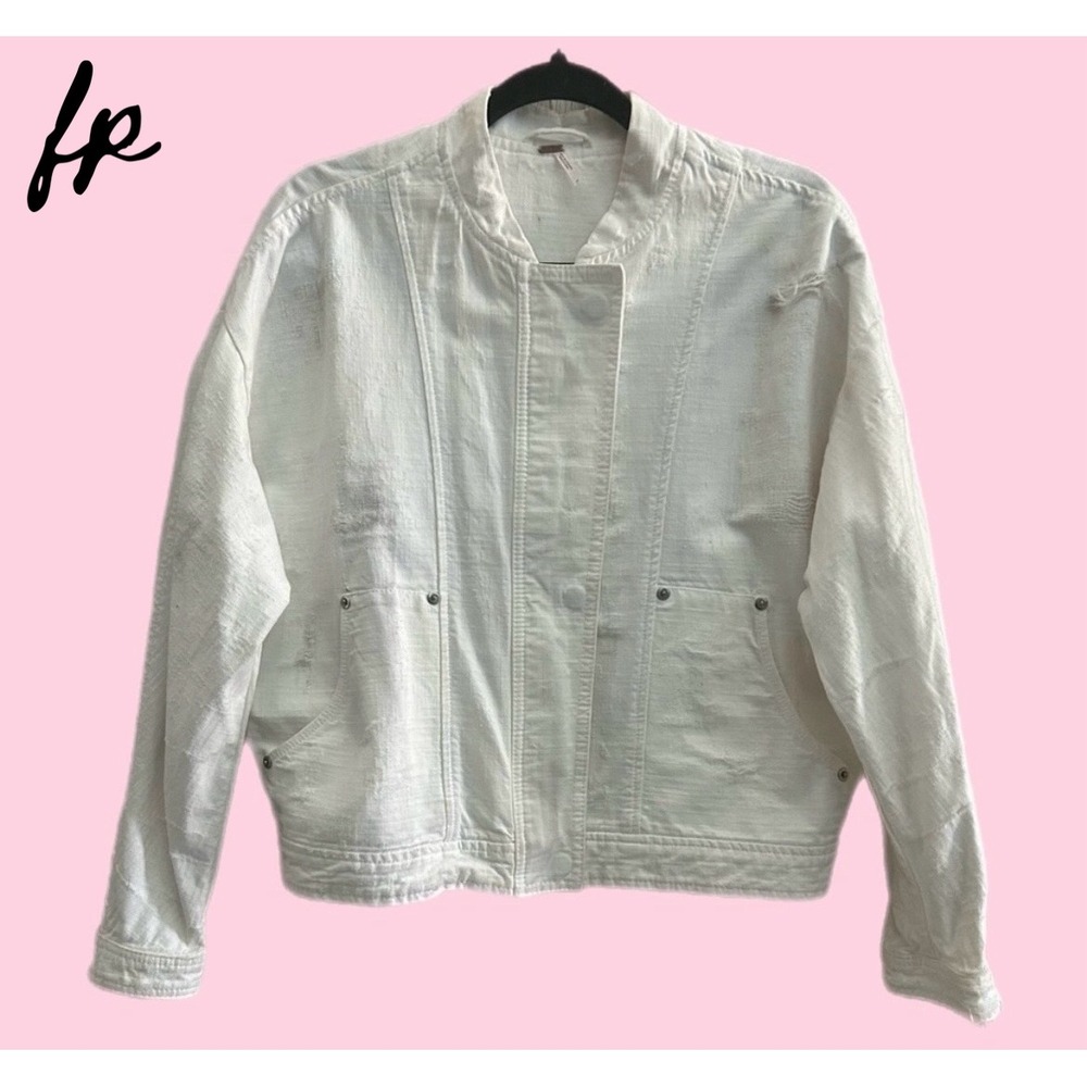 White Cream Distressed Utility Jacket NWOT Boho Casual Free People Size: M - Picture 1 of 8